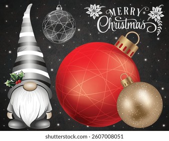 A cute gnome placed beside Christmas ornaments against a dark backdrop.