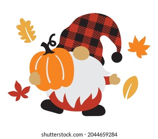 Cute gnome with plaid pattern hat holding a pumpkin with fall leaves background vector illustration.