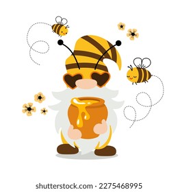 Cute gnome with a pot of honey and bees. Vector illustration isolated on white background.