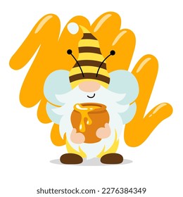 Un gnomo lindo con una olla de miel y abejas. Ilustración vectorial aislada en fondo blanco.