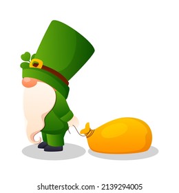 Cute Gnome Pulling A Bag And Wear Leprechaun Hat On White Background.