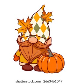 Cute gnome with pumpkin in Fall illustration 