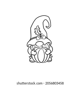 Cute gnome with a pumpkin. Halloween or Thanksgiving day line art. Scandinavian gnome in funny hat. Fall theme autumn graphics. Little dwarf character isolated on white background freehand drawing.