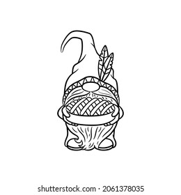 Cute gnome with pumpkin pie. Fall Thanksgiving doodle. Autumn Scandinavian gnome black and white vector illustration. Adorable dwarf character holding lattice pie cake. Line art thanksgiving symbol.