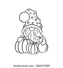 Cute gnome with pumpkins and gourd. Autumn Thanksgiving doodle. Fall harvest theme. Scandinavian gnome black and white vector illustration. Adorable dwarf character. Line art thanksgiving symbol.