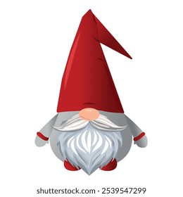 Cute gnome in a red hat with a beard. Gnome on a white background. Vector illustration in cartoon style. Scandinavian Christmas elf. Scandinavian elements design for New Year cards, seasonal greetings