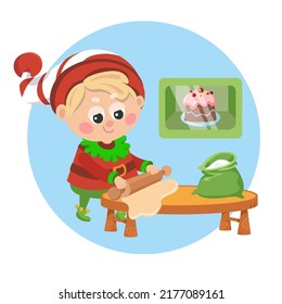 Cute gnome arroja la masa, prepara pastel de Navidad, personaje al estilo de las caricaturas. Ilustración dibujada a mano por vectores.