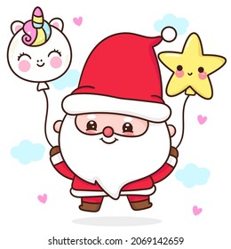 Cute Gnome Santa calus cartoon with Christmas unicorn and star balloon, X mas vector. Happy new year greeting card 2022. Kawaii character girly doodle. Illustration: Isolated on white background.