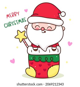 Cute Gnome Santa calus cartoon with Christmas sock with magic star, X mas vector. Happy new year greeting card 2022. Kawaii character girly doodle. Illustration: Isolated on white background.