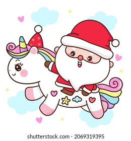 Cute Gnome Santa calus cartoon ride unicorn pony Christmas, X mas vector. Happy new year greeting card 2022. Kawaii character girly doodle. Illustration: Isolated on white background. Perfect.