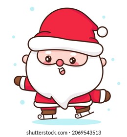 Cute Gnome Santa calus cartoon ice skating merry Christmas day, X mas vector. Happy new year greeting card 2022. Kawaii character girly doodle.Illustration: Isolated on white background. Perfect wish.