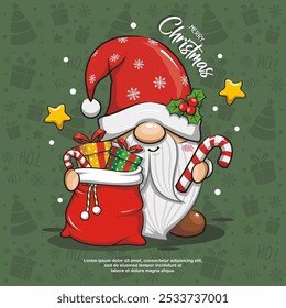 Cute Gnome Santa With Christmas Bag On Green Background. Cute Cartoon Illustration