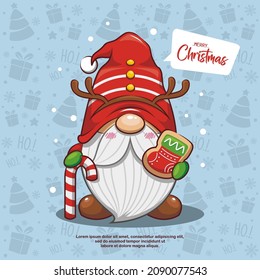 Cute Gnome Santa Claus With Candy Cane And Gingerbread On Seamless Background