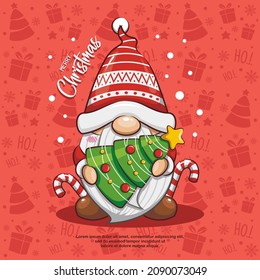 Cute Gnome Santa Claus With Christmas Tree And Candy Cane On Seamless Background, Cute Cartoon Illustration