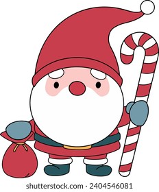 Cute Gnome Santa Claus in Christmas costume hold candy cane  and gift bag isolate on white  background vector illustration