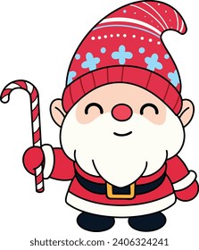 Cute Gnome Santa Claus in Christmas costume hold candy cane isolate on white  background vector illustration