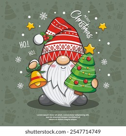 Cute Gnome Santa Claus With Christmas Tree On Green Background. Cartoon Illustration