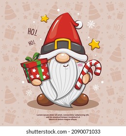 Cute Gnome Santa Claus With Gift Box And Candy Cane On Seamless Background, Cute Cartoon Illustration