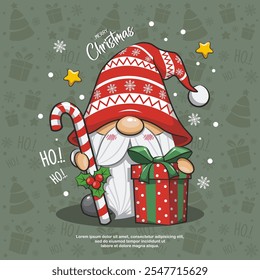 Cute Gnome Santa Claus With Give Box On Green Background. Cartoon Illustration