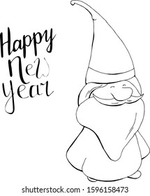 Cute gnome or Santa Claus with lettering happy New Year for coloring book cartoon hand drawn vector illustration. Can be used for t-shirt print, kids wear fashion design, baby shower invitation card