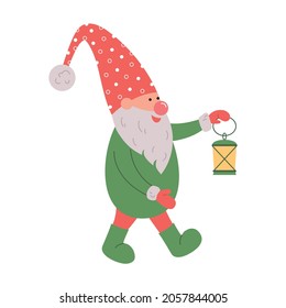 Cute gnome in santa hat on white background. Scandinavian christmas elve. Vector illustration in flat cartoon style. Nordic element design for greeting cards, season greetings, web, wrapper.