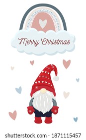 Cute gnome with scandinavian rainbow,  hearts and cloud. Cartoon Christmas card template.  Childish illustration with scandinavian Christmas gnome