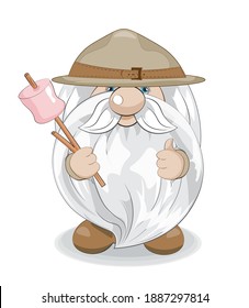 cute gnome scout show like with marshmallows on stick, picture in hand drawing cartoon style for greeting postcard, card, stickers, smiles