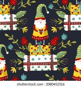 Cute gnome seamless pattern, winter cartoon kids background