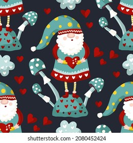 Cute gnome seamless pattern, winter cartoon kids background