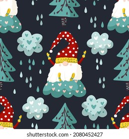 Cute gnome seamless pattern, winter cartoon kids background