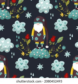 Cute gnome seamless pattern, winter cartoon kids background