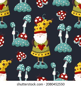 Cute gnome seamless pattern, winter cartoon kids background