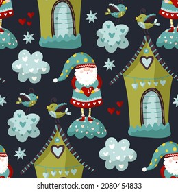 Cute gnome seamless pattern, winter cartoon kids background