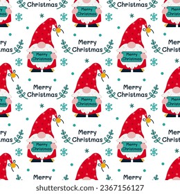 Cute gnome seamless vector pattern. A bearded elf is holding a sign with a wish for Merry Christmas. Santa Claus helper in a polka dot stocking cap, mistletoe branches, snowflakes. Cartoon background