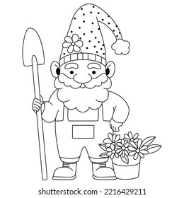 A cute Gnome with a shovel flower bucket and polka dot pattern hat outline artwork coloring pages