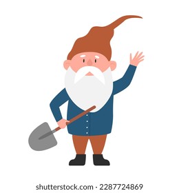 Cute gnome with shovel. Gnome gardening, magic dwarf farming vector illustration