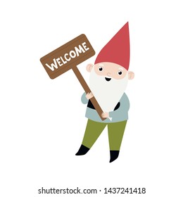 Cute gnome with a sign Welcome.