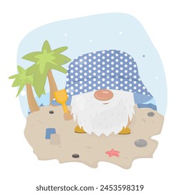 cute gnome sits on the beach under a palm tree