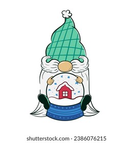 Cute Gnome sitzend in einer Weihnachtsschneekugel. Vektorgrafik des Zwergzwergzeichens von Cartoon.