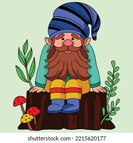 A cute Gnome sitting on a cutting down tree beside some colorful mushroom vector illustration