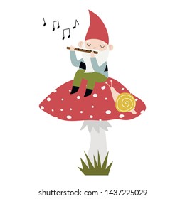 Cute gnome sitting on a mushroom and playing the flute.