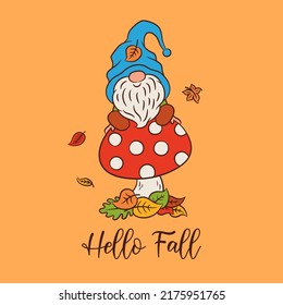 Cute gnome sitting mushroom  Hello fall text  Nordic gnome drawing  Autumn design for card  poster  etc 