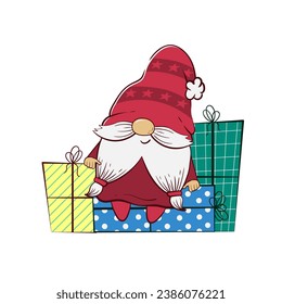 Cute gnome sitting on a pile of Christmas gifts. Vector illustration of cartoon dwarf character.