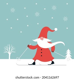 Cute Gnome ski. Christmas greeting card. Happy New Year. Merry Christmas. Seasons Greetings.