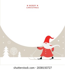 Cute Gnome ski.Christmas banner with place for your text. Christmas greeting card. Happy New Year. Merry Christmas. Seasons Greetings.