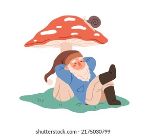 Cute gnome sleeping, lying under huge mushroom. Fairytale dwarf relaxing near fly-agaric. Childish fairy bearded character resting, dreaming. Flat vector illustration isolated on white background