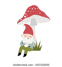 Cute gnome sleeping under a mushroom.