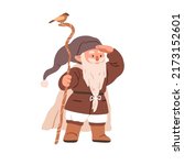 Cute gnome sorcerer with cane and bird. Fairytale bearded wizard. Fairy dwarf elf looking for smth. Old tiny magician in cap. Childish flat vector illustration isolated on white background