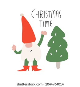 Cute gnome standing. Christmas tree. Hand drawn funny vector illustration for greeting card, t shirt, print, stickers, posters design.  