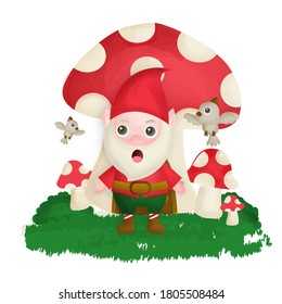 cute Gnome standing at front of a mushroom house in water color style.